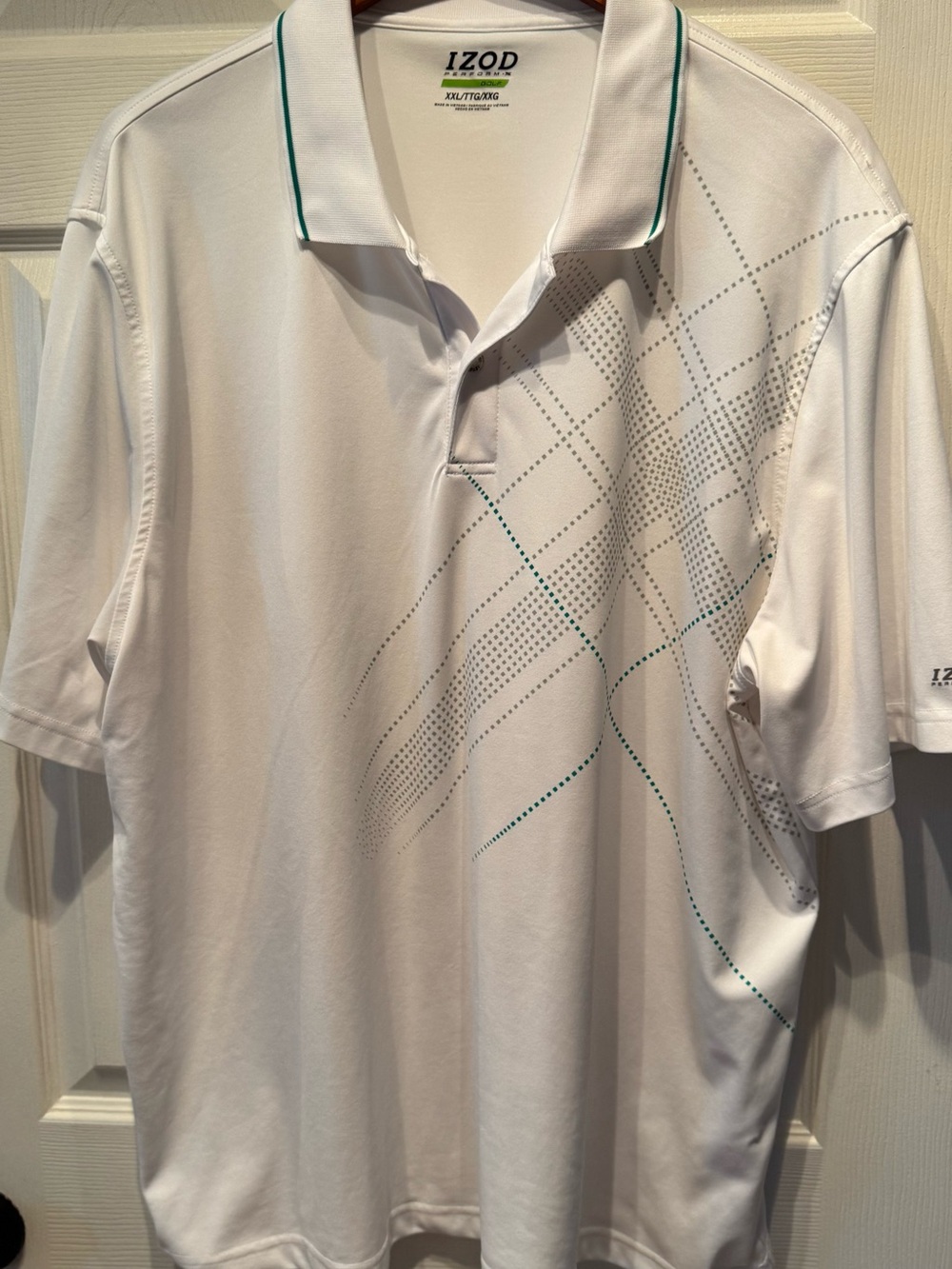 Men’s Izod White Performance Polo Teal & Gray Dotted Argyle Accents size XXL NEW